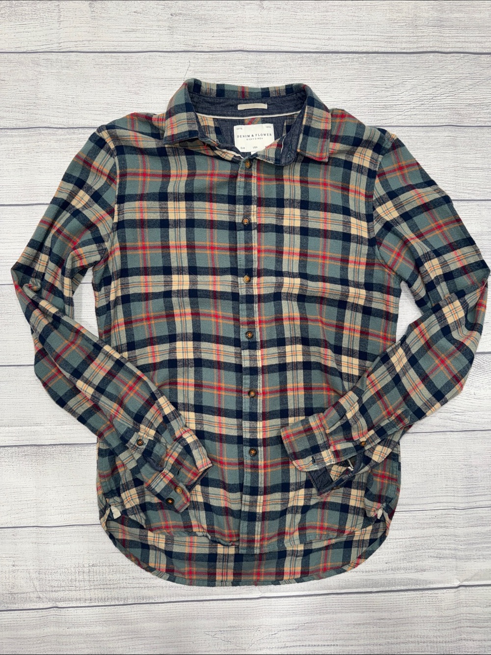 Denim & Flower Teal Plaid Button-Down Shirt with Cream and Red Accents